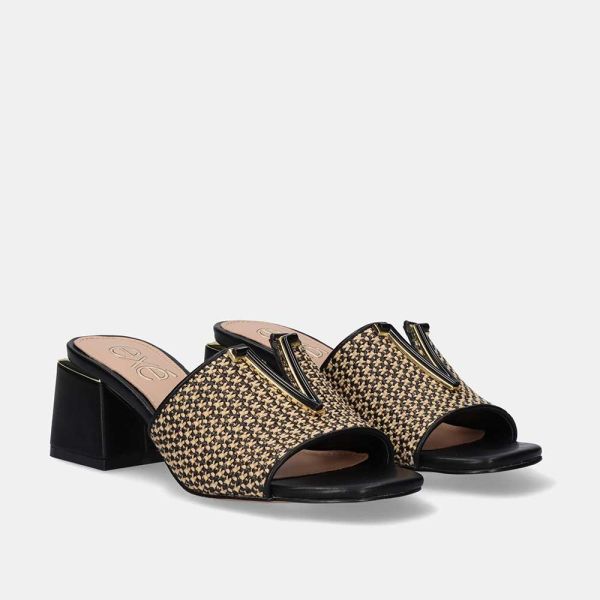 SANDALE À LARGE TALON CARMEN-160 EN RAPHIA NOIR BEIGE