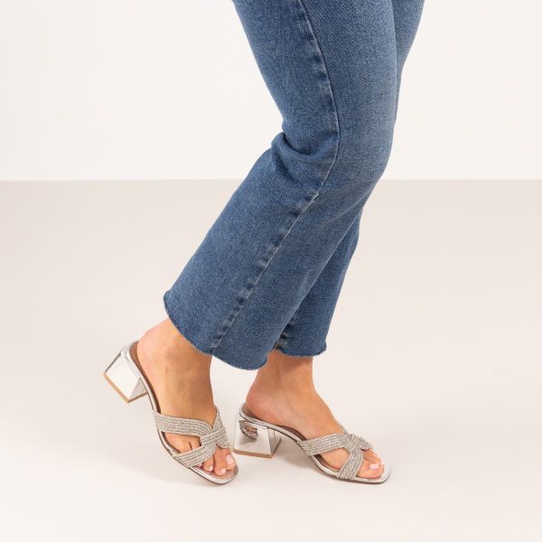 SANDALE À LARGE TALON CARMEN-286A STRASS ARGENT