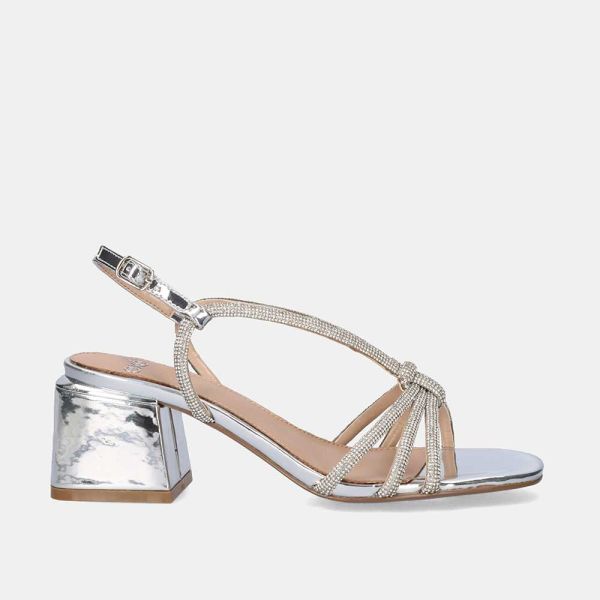 SANDALE À LARGE TALON CARMEN-300 STRASS ARGENT