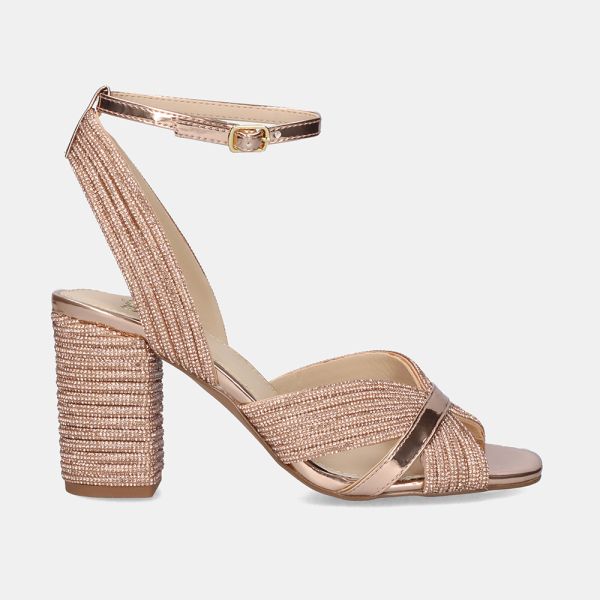 SANDALE À LARGE TALON CAROL-505 STRASS OR ROSE