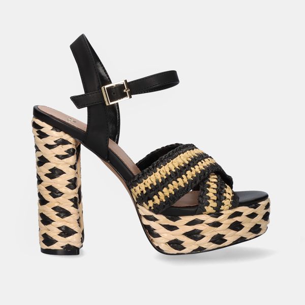 SANDALE À TALON HAUT OPHELIA-675 RAPHIA NOIR BEIGE