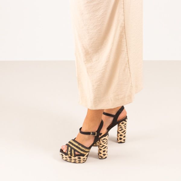 SANDALE À TALON HAUT OPHELIA-675 RAPHIA NOIR BEIGE